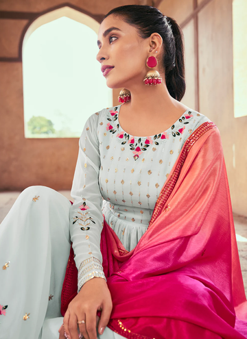Delightful Sky Blue Multi Thread Work Georgette Palazzo Suit